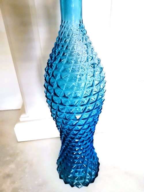 Vintage Empoli Blue Teal glass Genie bottle Bubble decanter with lid