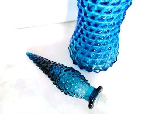 Vintage Empoli Blue Teal glass Genie bottle Bubble decanter with lid