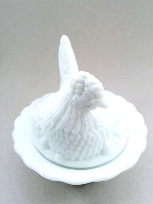 Vintage Large White Milk Glass Chicken on Nest covered dish