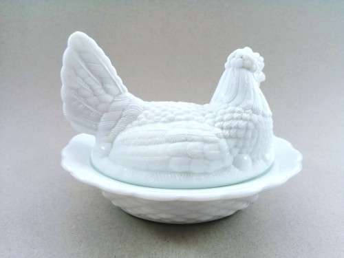 Vintage Large White Milk Glass Chicken on Nest covered dish