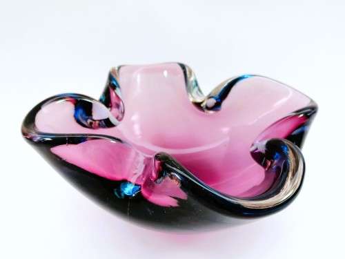 Large Murano Hand Blown Glass Pink and Blue Dish Bowl
