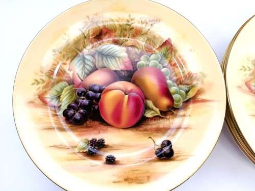 Aynsley Orchard Gold Still Life Fruit Pattern 12 Large Dinner Plates