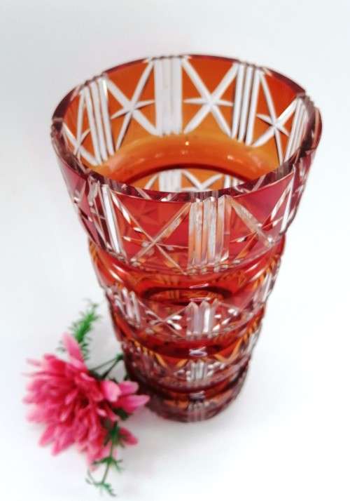 Striking red Kiriko cut glass vase from Japan