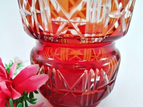 Striking red Kiriko cut glass vase from Japan