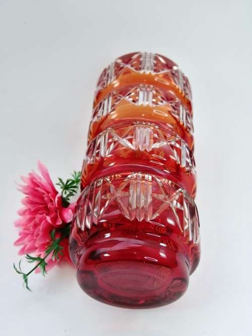 Striking red Kiriko cut glass vase from Japan
