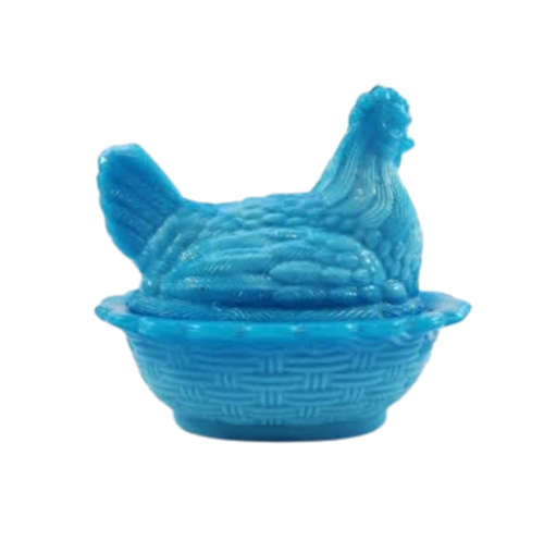 Vintage Blue Milk Glass Chicken on Nest covered dish
