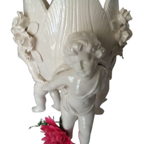 Beautiful White Italian Continental blanc de Chine center bowl depicting Three putti Cherubs