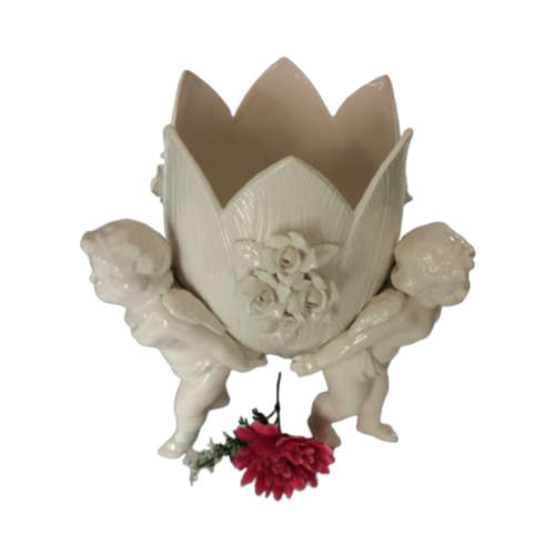 Beautiful White Italian Continental blanc de Chine center bowl depicting Three putti Cherubs