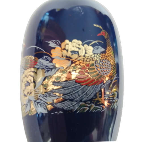 Kutani Cobalt Blue Vase Peacocks and Gold and Pink Lotus Flowers.