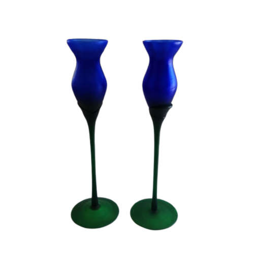 Pair of Blue and Green Glass Long Stem Tulip Candle Holders