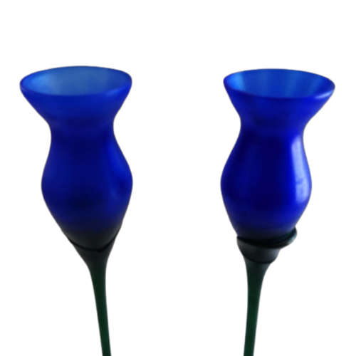 Pair of Blue and Green Glass Long Stem Tulip Candle Holders