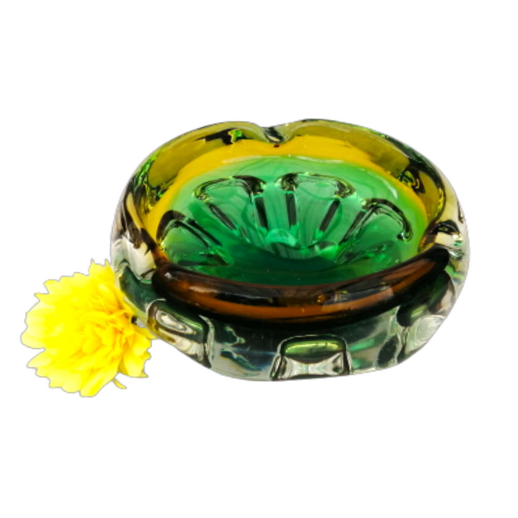 Murano Glass Bright Vibrant Green Amber and Yellow Dish Bowl