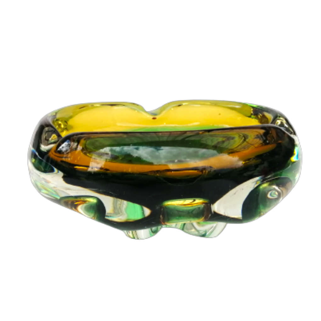 Murano Glass Bright Vibrant Green Amber and Yellow Dish Bowl