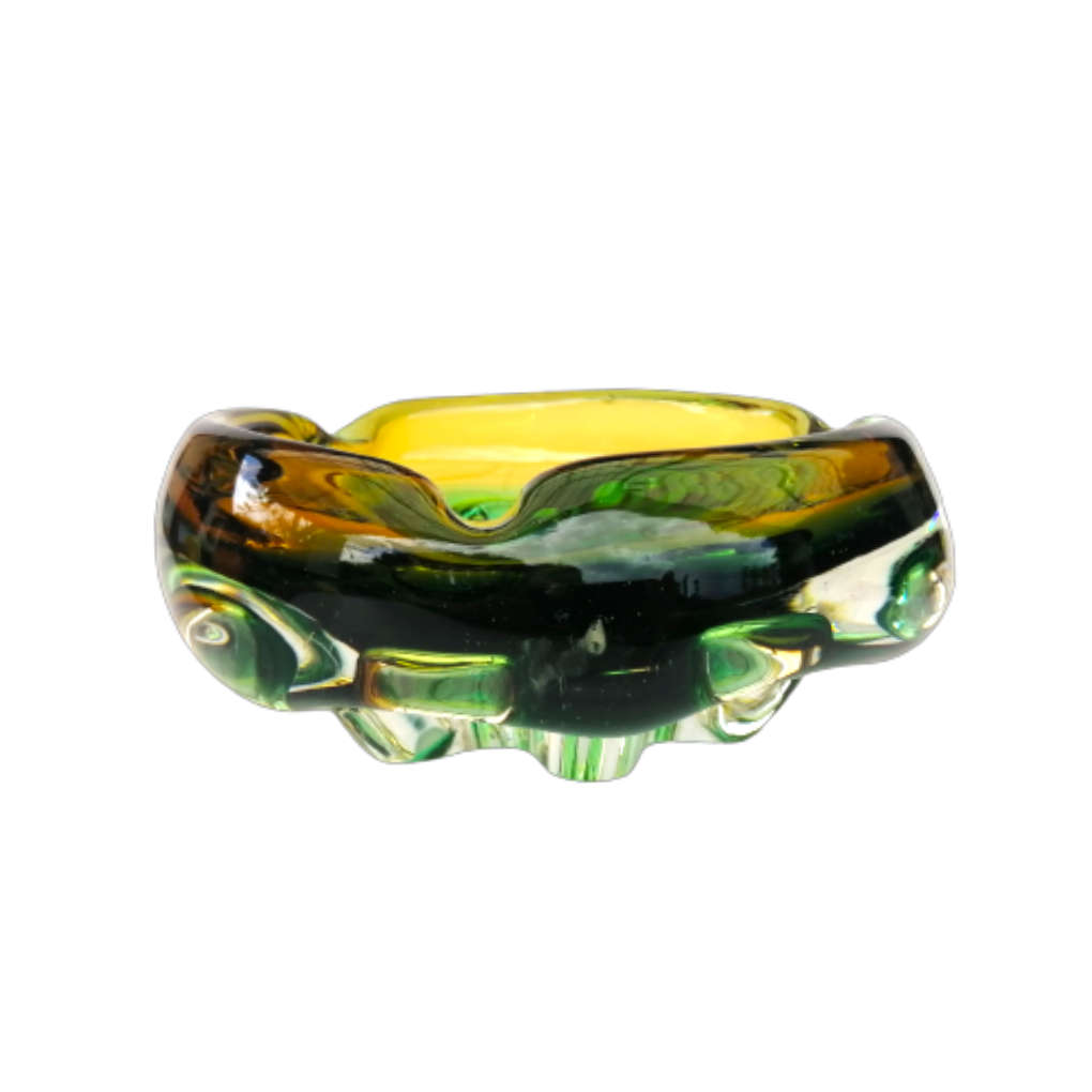 Murano Glass Bright Vibrant Green Amber and Yellow Dish Bowl