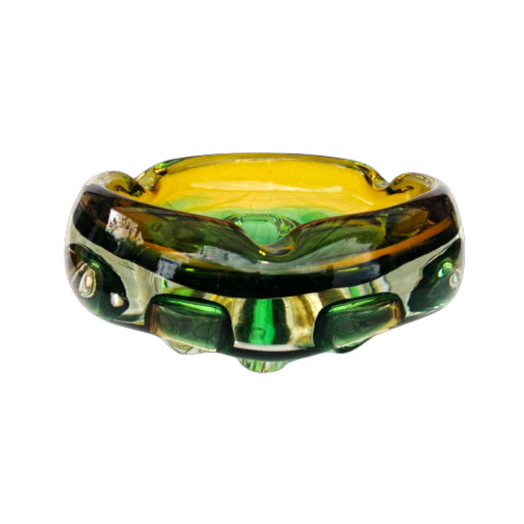 Murano Glass Bright Vibrant Green Amber and Yellow Dish Bowl