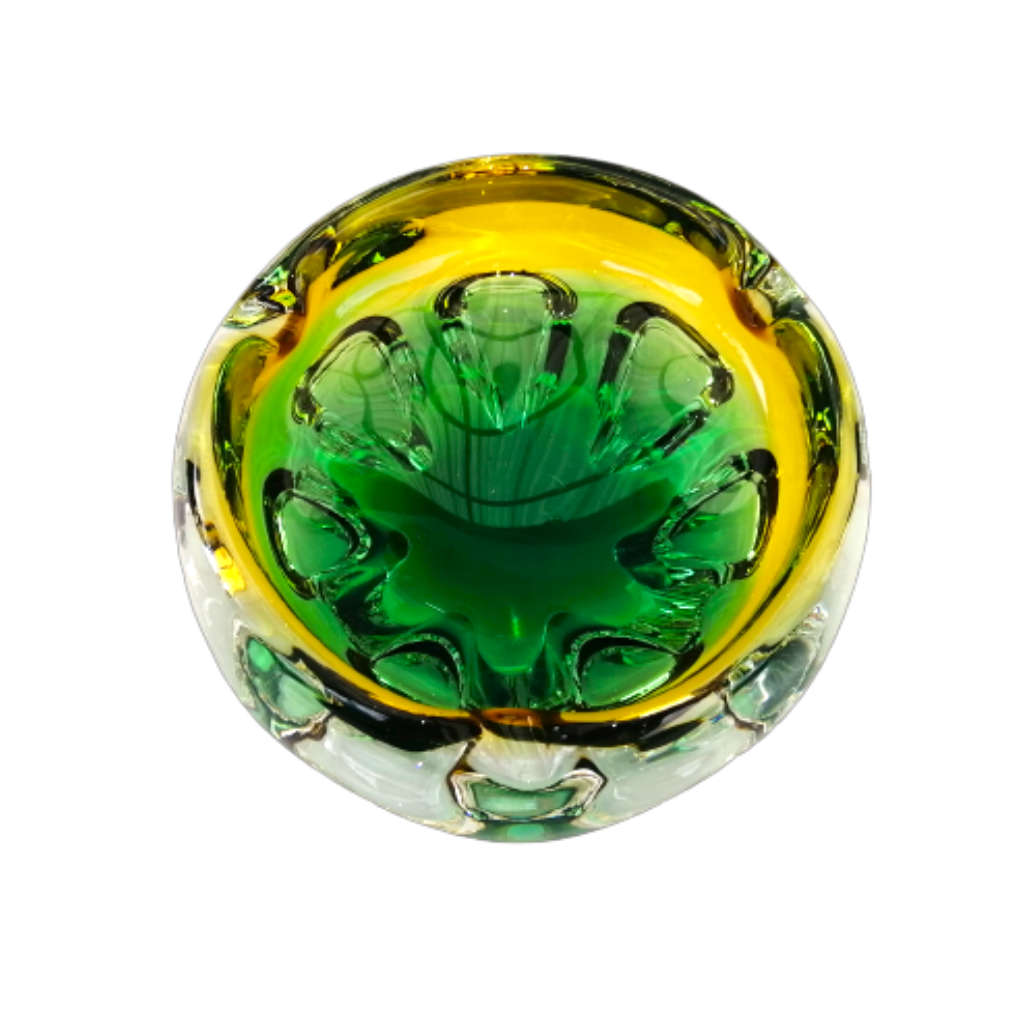 Murano Glass Bright Vibrant Green Amber and Yellow Dish Bowl