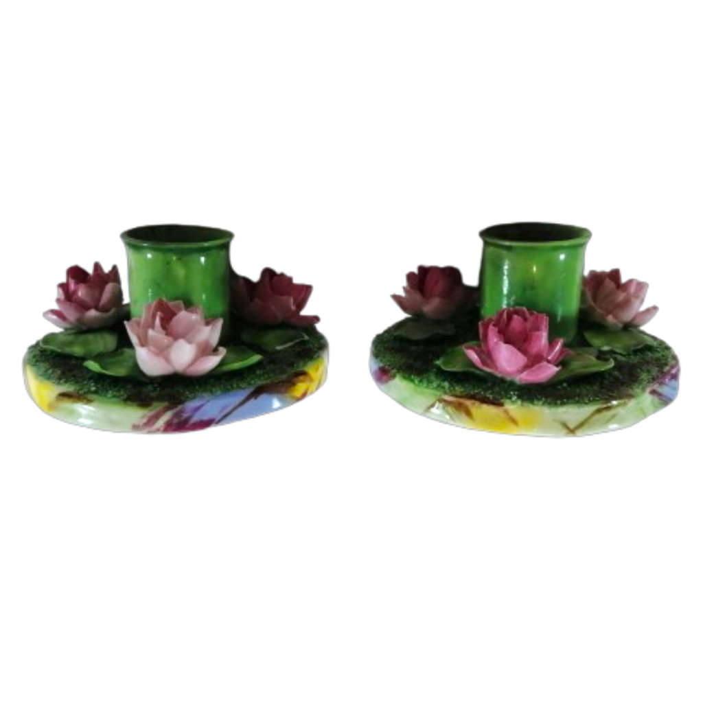 Pair Vintage Royal Staffordshire Porcelain Flower Candle Holders