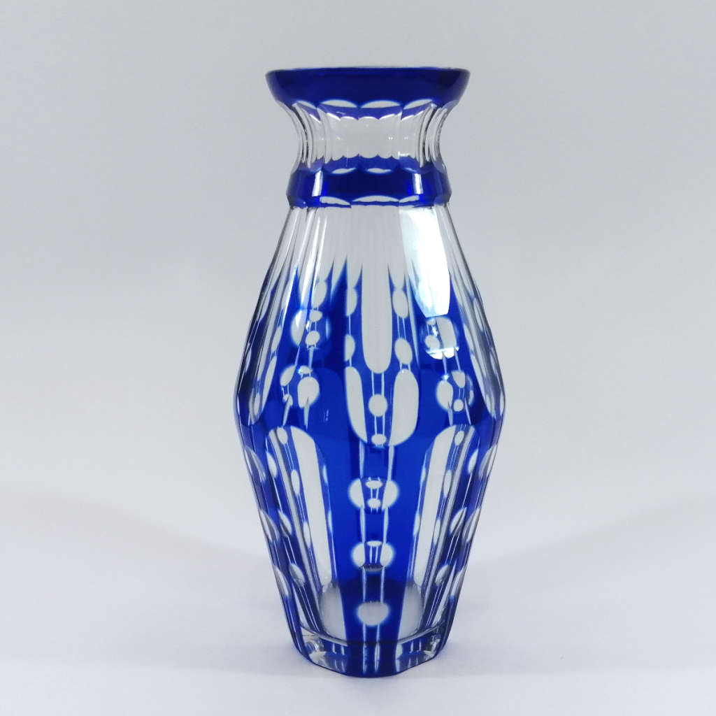 Bohemian Clear and Blue Crystal Tall Vase