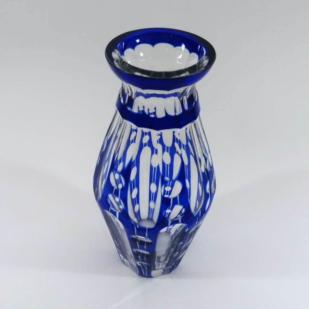 Bohemian Clear and Blue Crystal Tall Vase