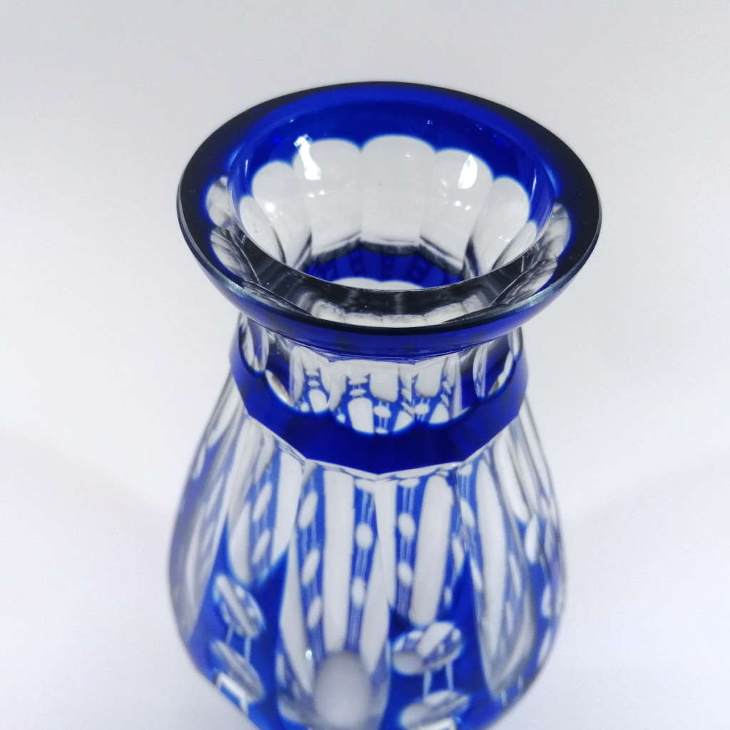 Bohemian Clear and Blue Crystal Tall Vase