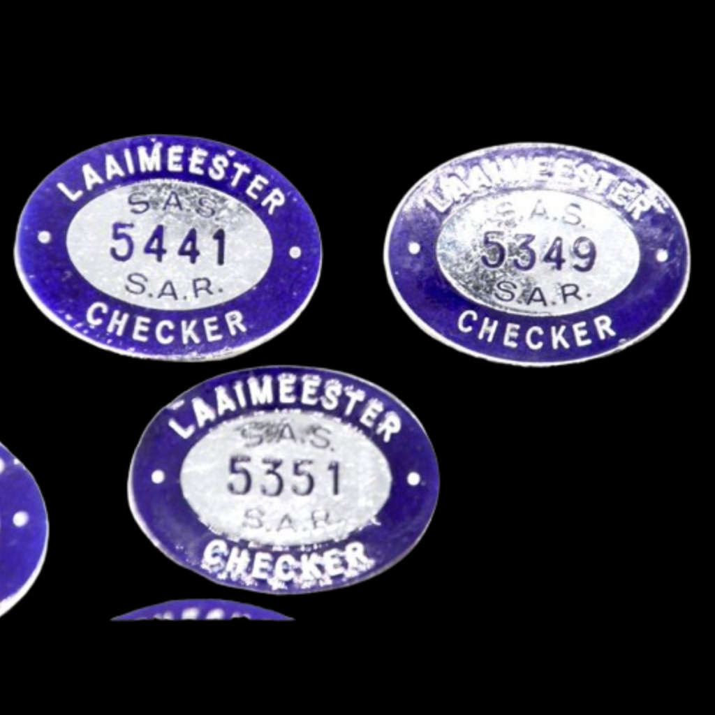 Ten original S.A.R. - S.A.S `Checker` and Laaimeester white metal lapel badges with numbers