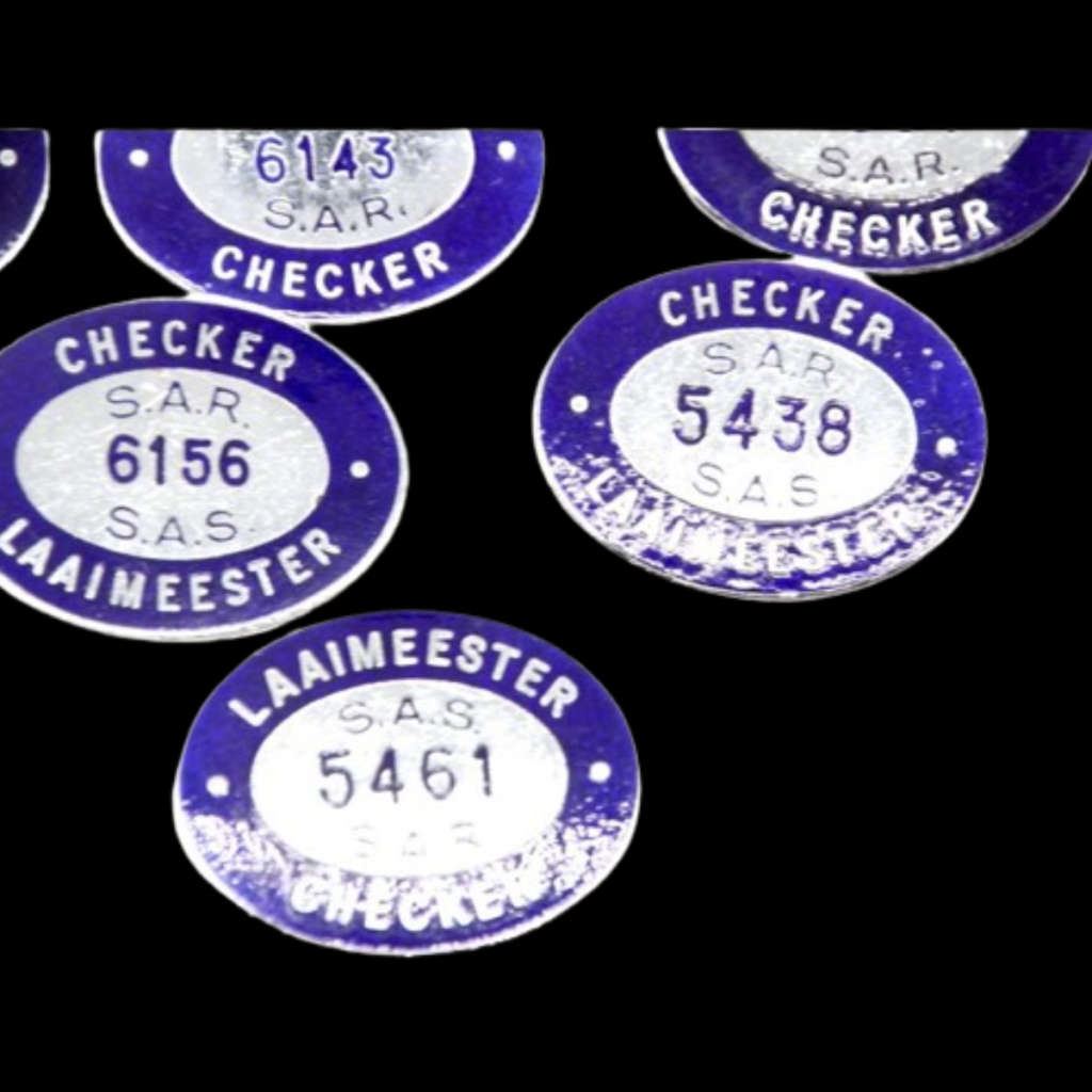 Ten original S.A.R. - S.A.S `Checker` and Laaimeester white metal lapel badges with numbers