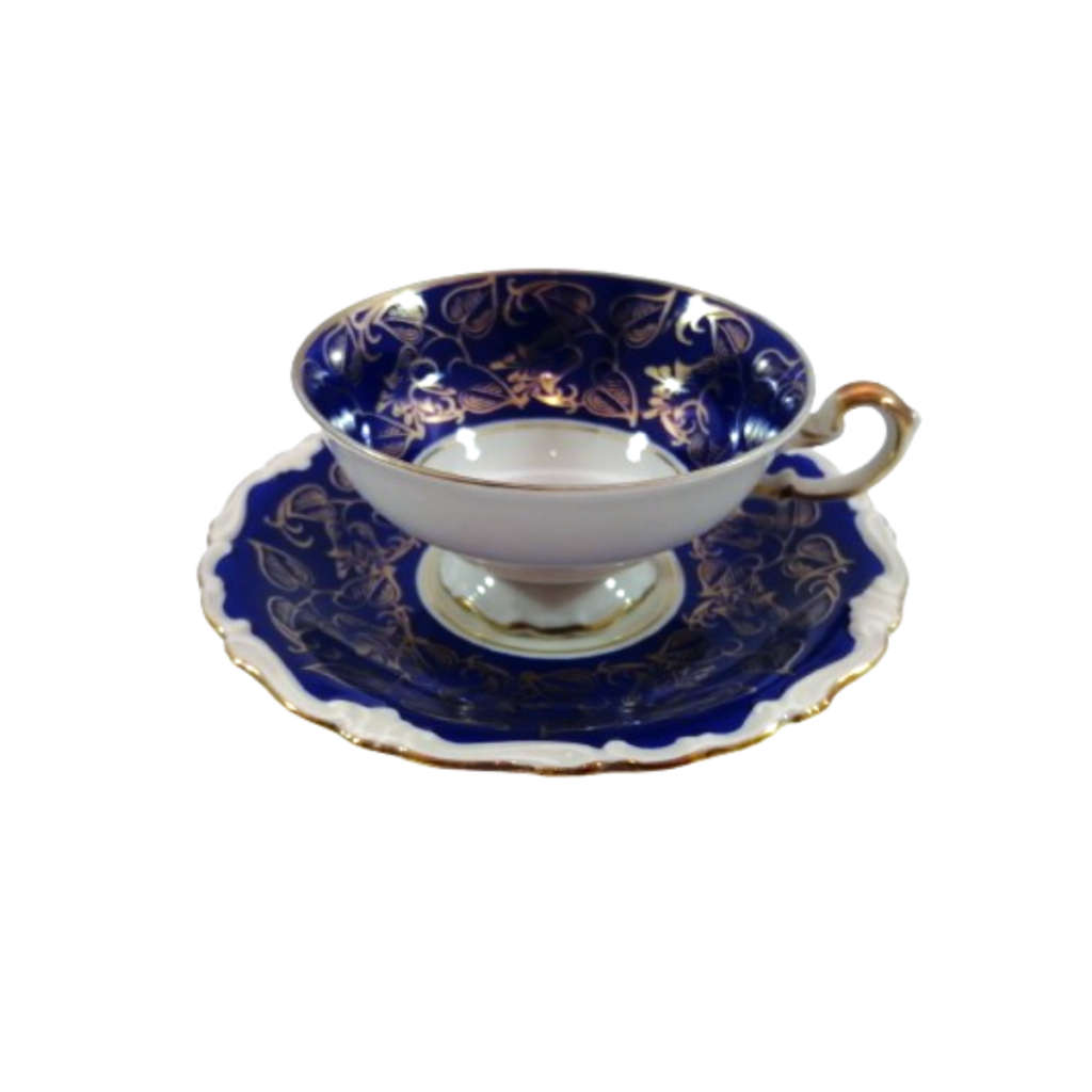 Alka Bavaria Porcelain Blue and Gold Tea Cup and Saucer Duo