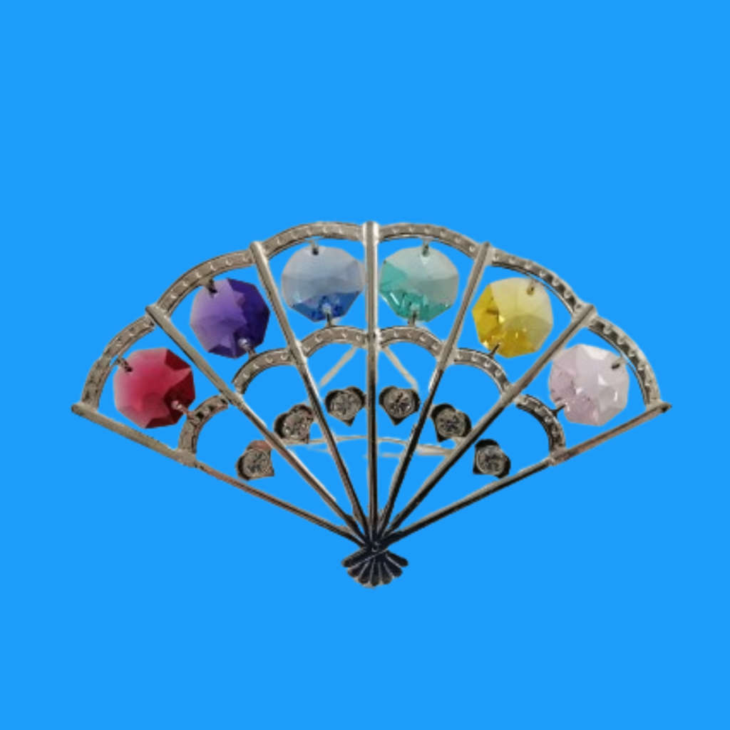 Silver Colored Folding Hand Fan Ornament with Swarovski Crystals