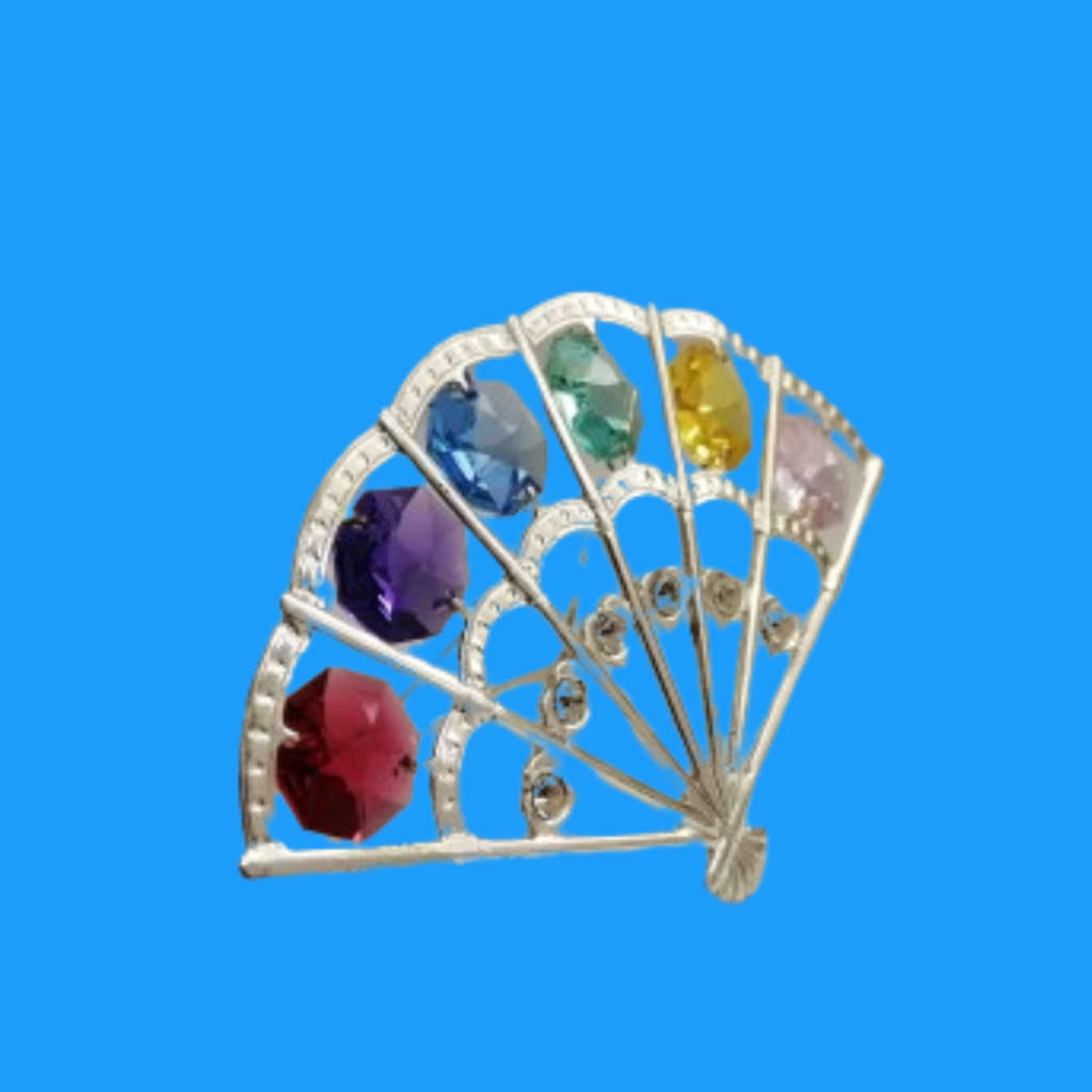 Silver Colored Folding Hand Fan Ornament with Swarovski Crystals