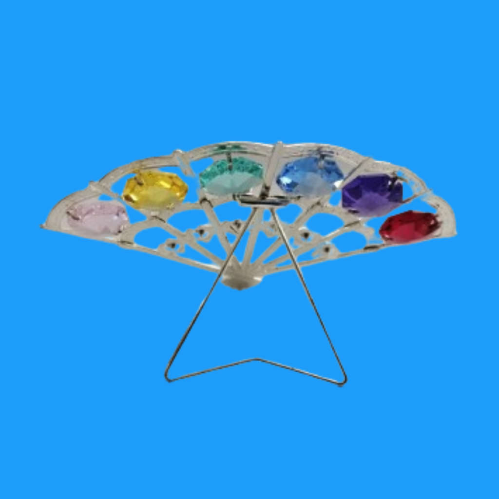Silver Colored Folding Hand Fan Ornament with Swarovski Crystals