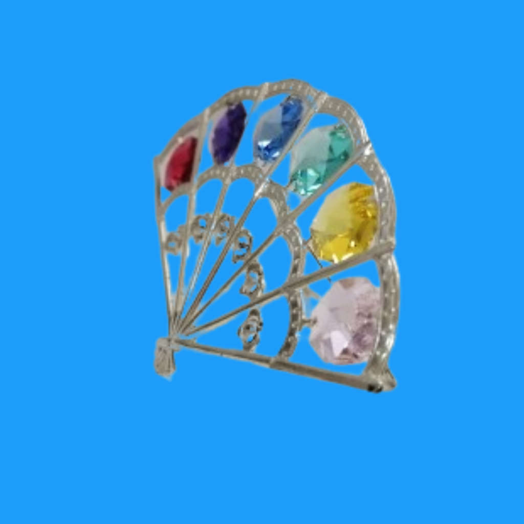 Silver Colored Folding Hand Fan Ornament with Swarovski Crystals