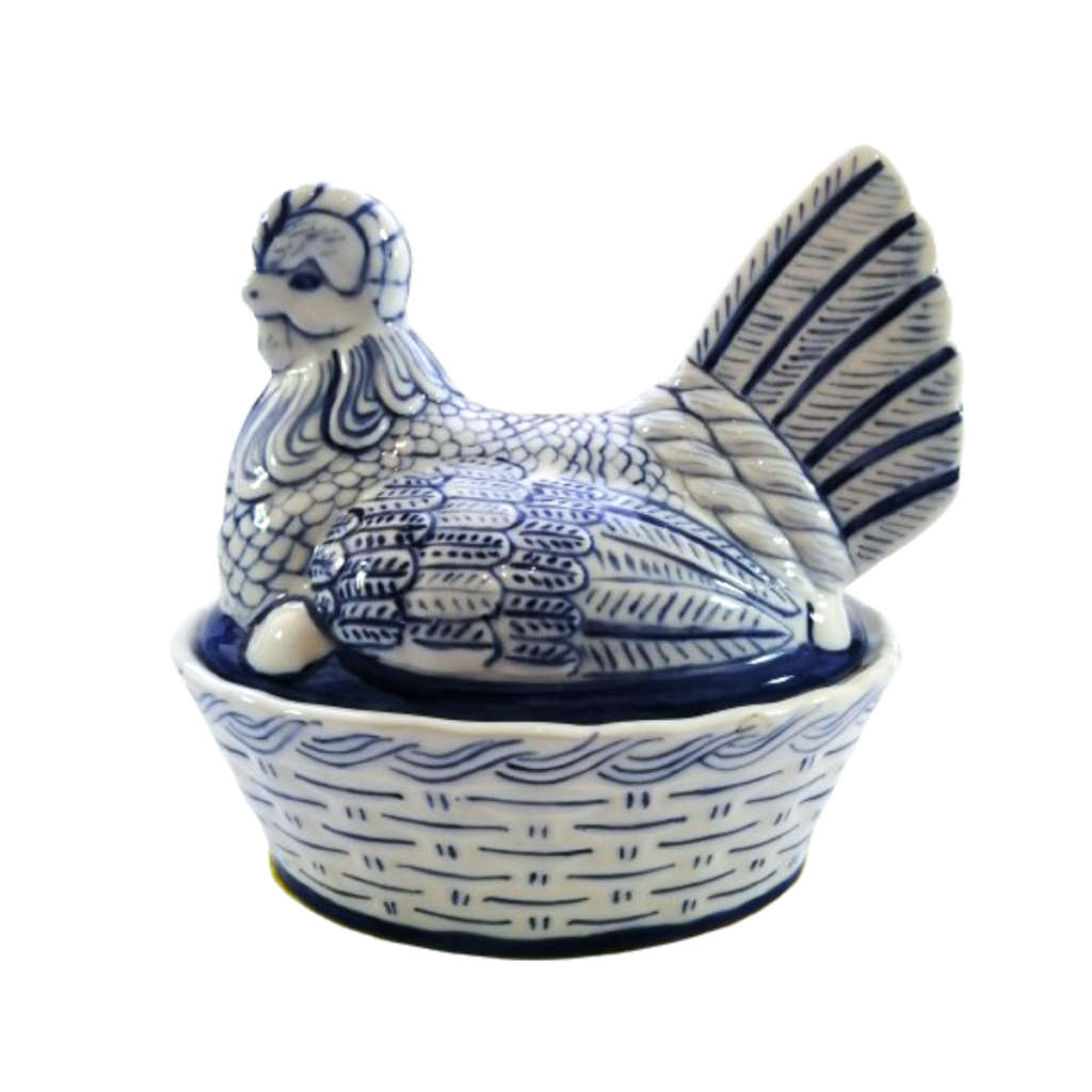 Large Vintage Blue and White Glazed Chicken / Hen Nest Lidded Dish
