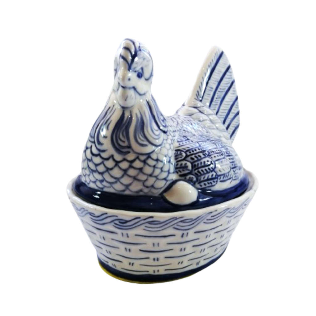 Large Vintage Blue and White Glazed Chicken / Hen Nest Lidded Dish