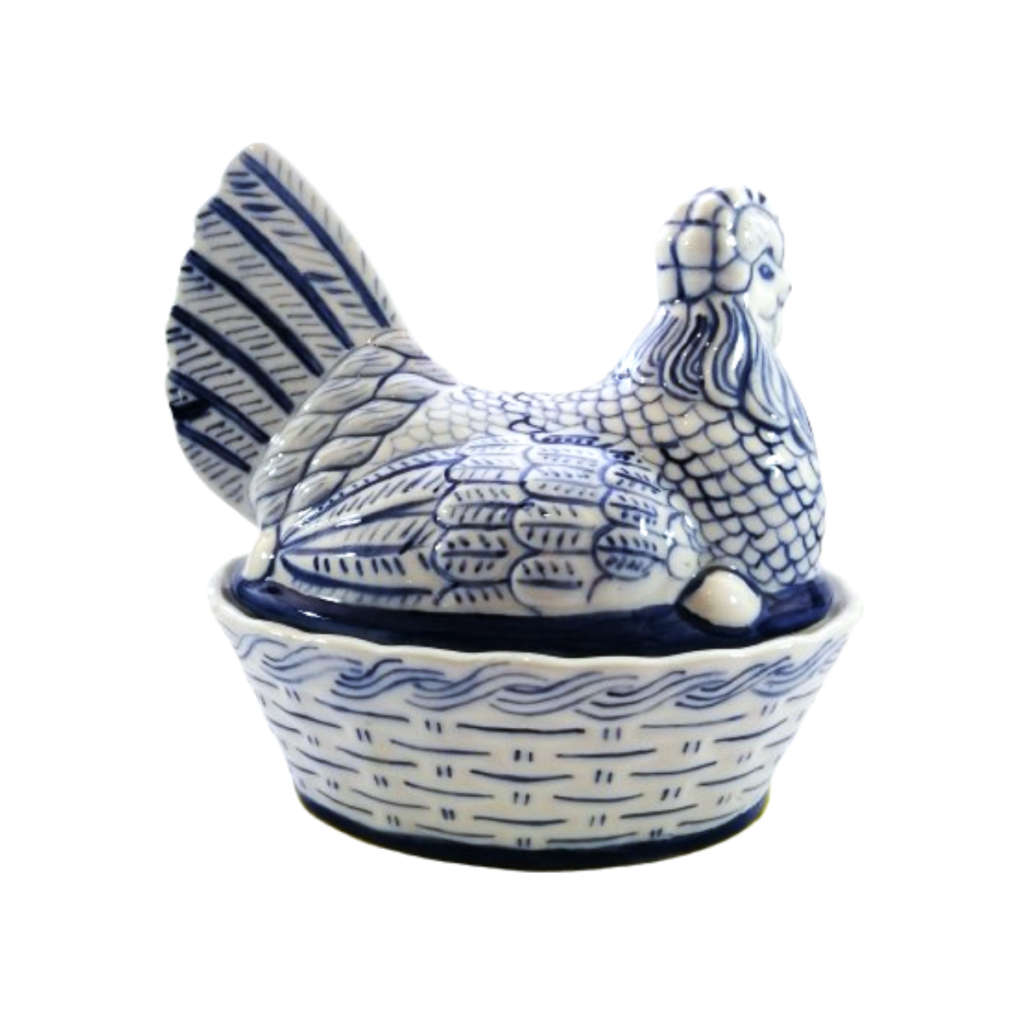 Large Vintage Blue and White Glazed Chicken / Hen Nest Lidded Dish
