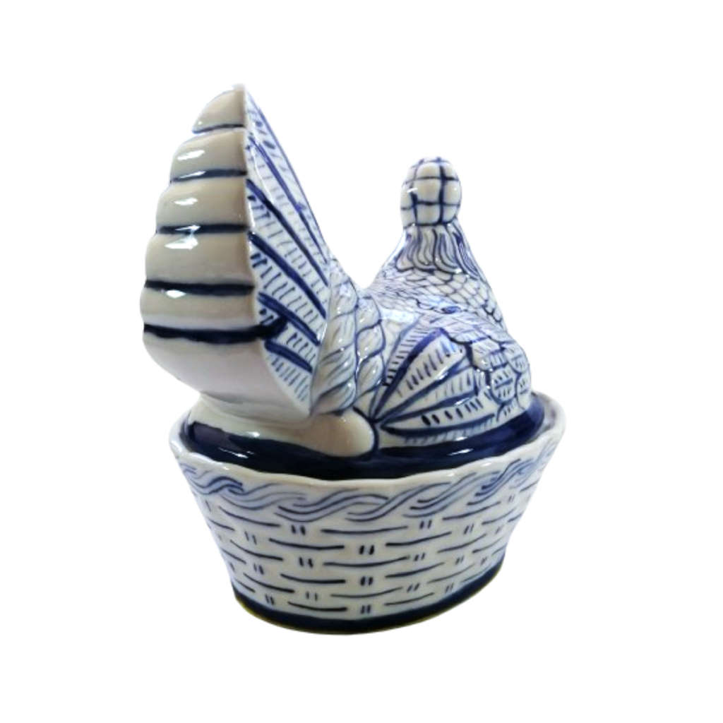 Large Vintage Blue and White Glazed Chicken / Hen Nest Lidded Dish