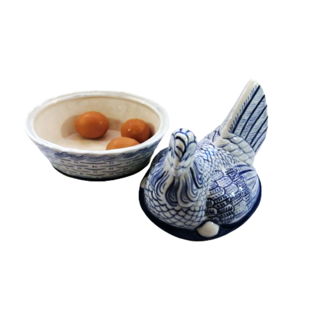 Large Vintage Blue and White Glazed Chicken / Hen Nest Lidded Dish