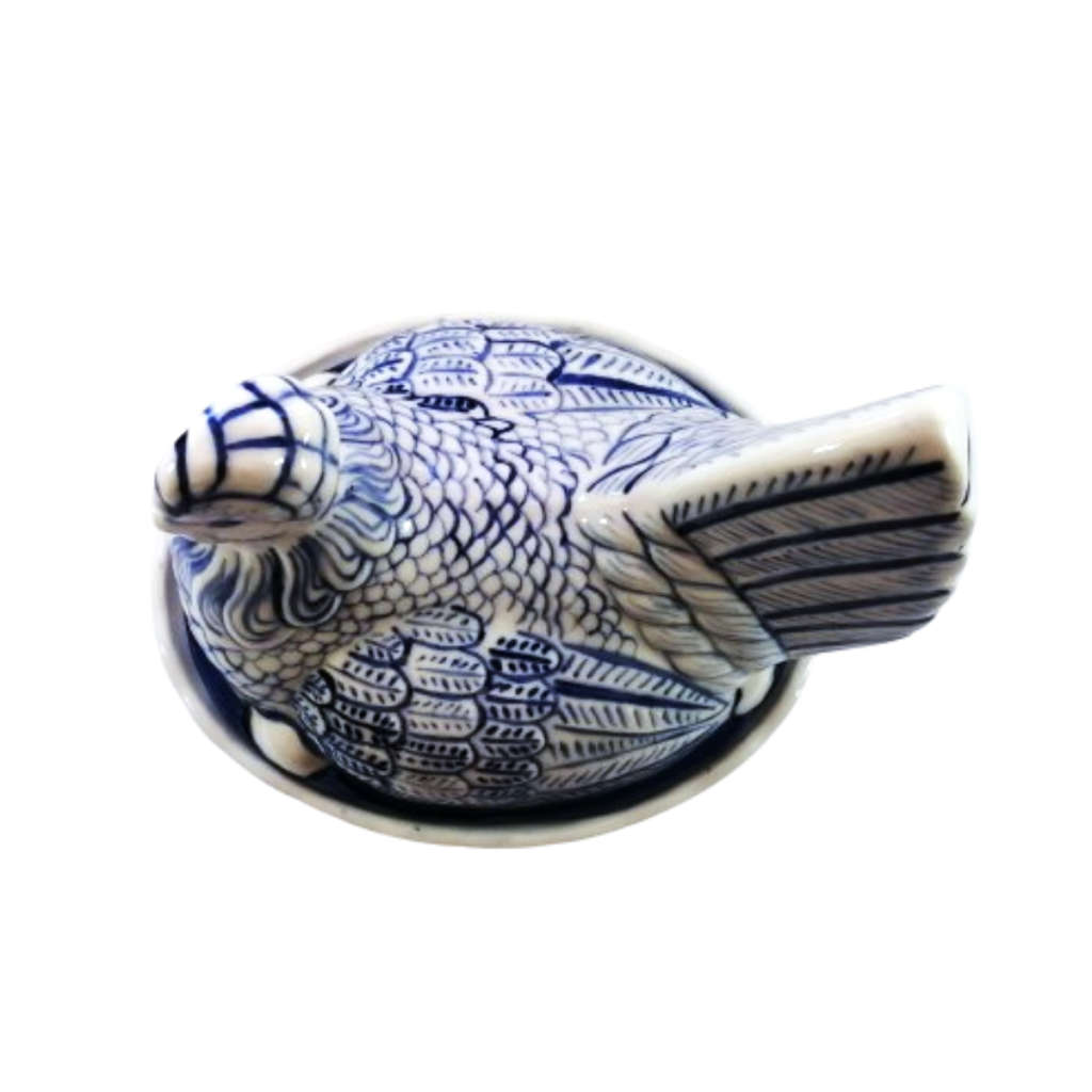 Large Vintage Blue and White Glazed Chicken / Hen Nest Lidded Dish
