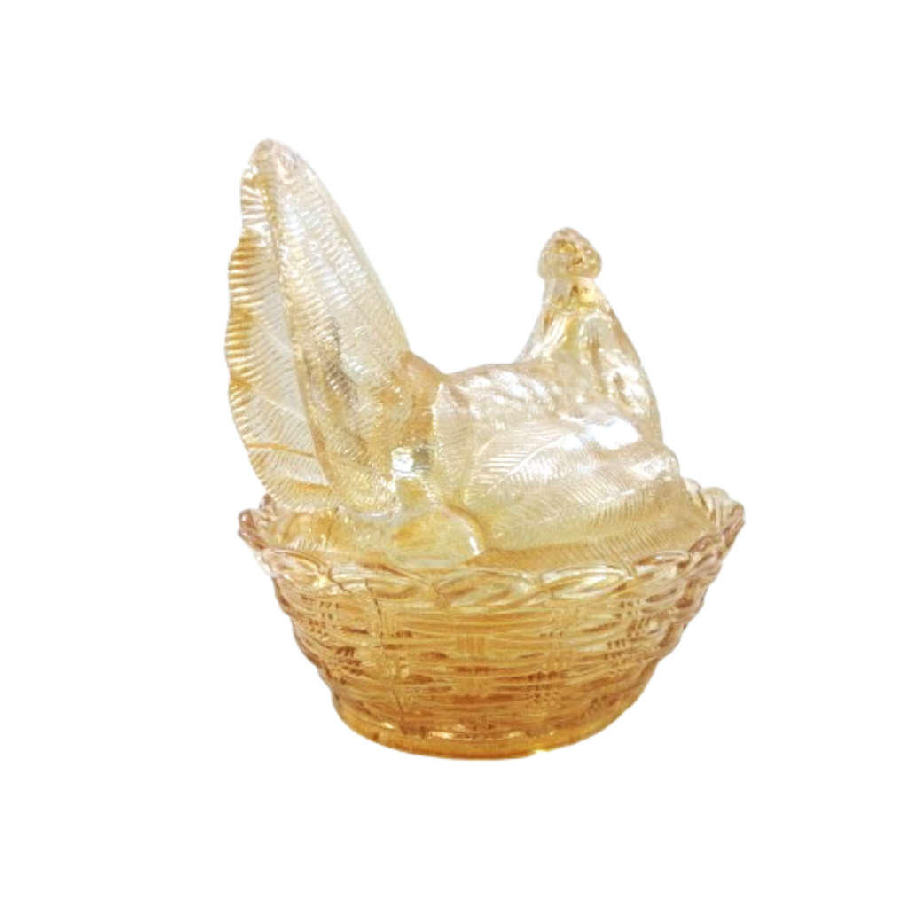 Vintage Dark Amber Pressed Glass Chicken / Hen Nest Lidded Dish