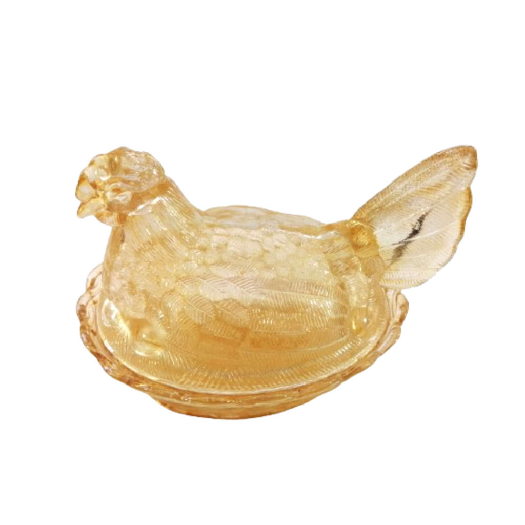 Vintage Dark Amber Pressed Glass Chicken / Hen Nest Lidded Dish