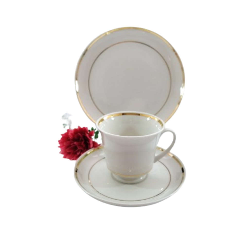 Continental China Trio Crisp white with a gold trim.