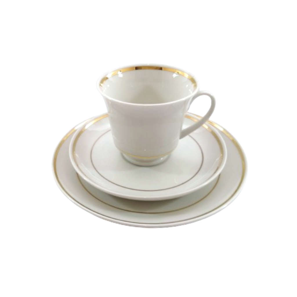 Continental China Trio Crisp white with a gold trim.