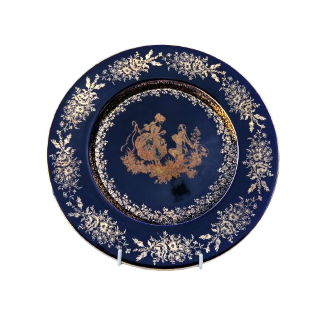 Limoges Castel Porcelain France Courting Couple Cobalt Blue 22k Gold Plate