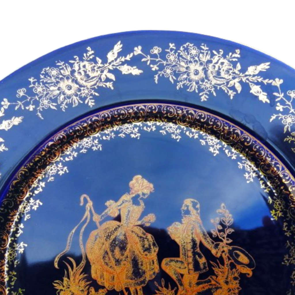 Limoges Castel Porcelain France Courting Couple Cobalt Blue 22k Gold Plate