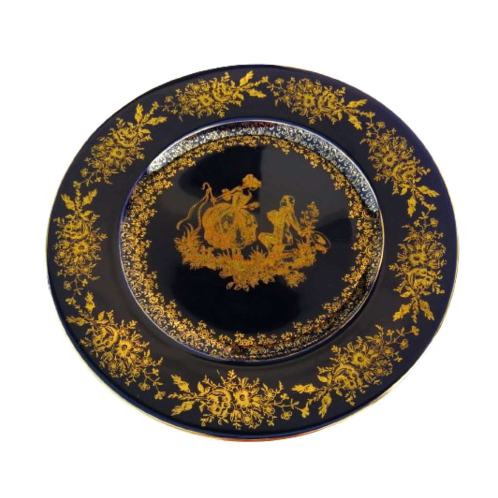 Limoges Castel Porcelain France Courting Couple Cobalt Blue 22k Gold Plate