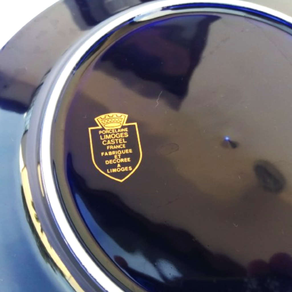 Limoges Castel Porcelain France Courting Couple Cobalt Blue 22k Gold Plate