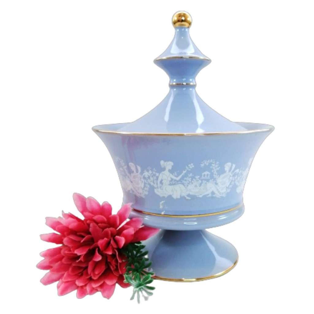 Italy Florentine Powder Blue Ceramic Compote Lidded Dish Greek Couple