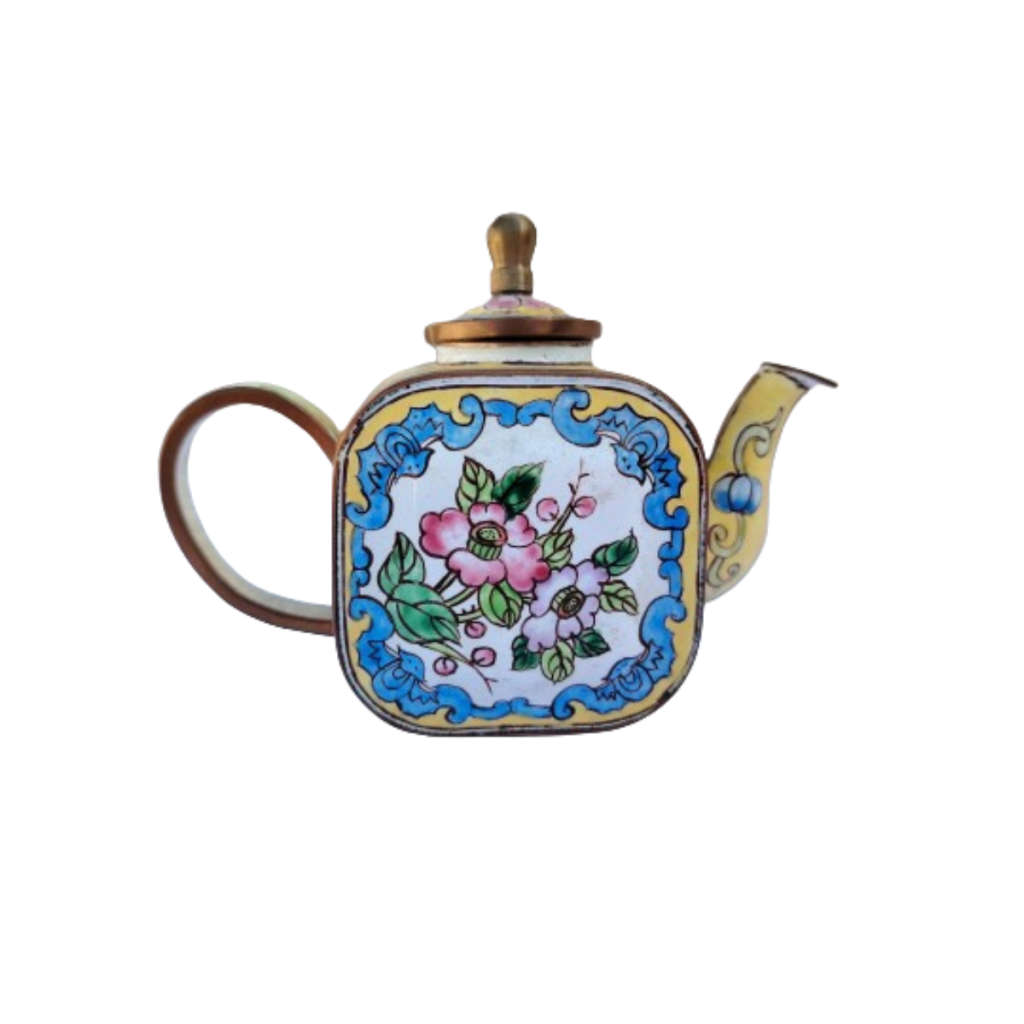Miniature Hand Painted Square Trade Aid UK Enamel Teapot