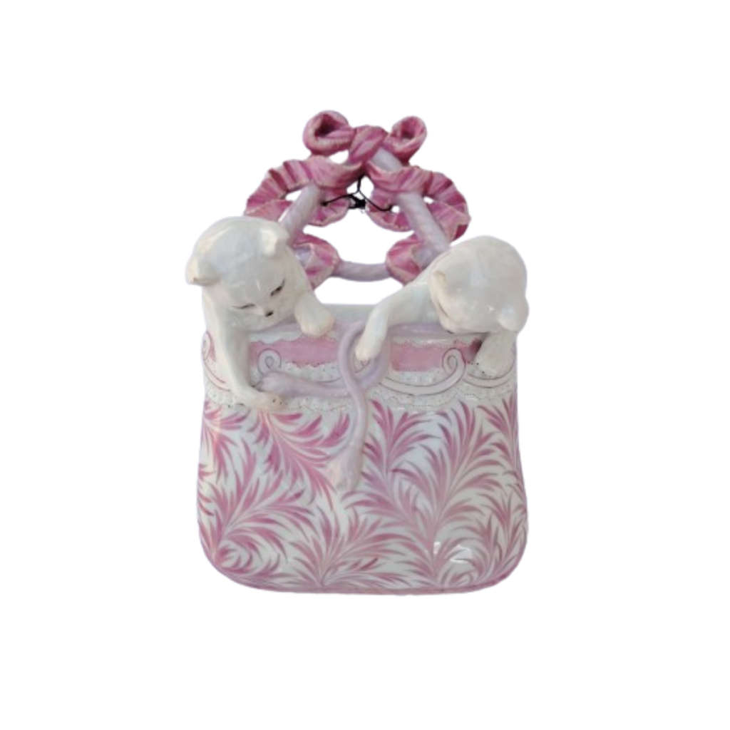 Sweet Pink and White Porcelain Cat Wall Pocket