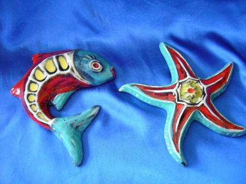 Vintage Ceramic Fish and Starfish wall hangings vibrant colours