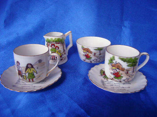 Very Old Miniture Childs Bone China Tea Set Nursery Rhymes